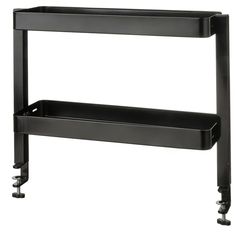 a black shelf with two shelves on each side and wheels at the bottom for storage