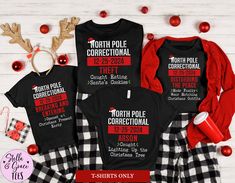 three matching christmas pajamas and t - shirts with the names of two people on them