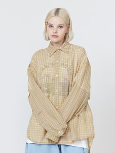 Composition : COTTON 10% and POLYESTER 90%Color: MustardCountry of Origin : KOREA Gingham Button-up Tops For Daywear, Checkered Shirt, Oversized Fits, Top Shirt, Mustard, Composition, Top Outfits, Clothes For Women, Clothes