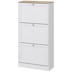 a white filing cabinet with two drawers on the bottom and one drawer open to reveal a wooden top