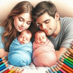 a man and woman holding a baby in their arms with colored pencils next to them