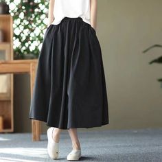 Details: Gender: Women Item Type: Skirt Material: Cotton Season: Spring, Summer, Autumn Pattern: Solid Style: Casual, Loose, Retro Waist Type: Elastic Waist Size: One Size Waist: 60.00 - 94.00 cm/ 23.62 - 37.01 " Length: 77.00 cm/ 30.31 " Hip: 178.00 cm/ 70.08 " Hem: 222.00 cm/ 87.40 " Workwear Skirt, Japanese Fashion Women, Long Skirt Summer, Solid Skirt, Cotton Midi Skirt, Elastic Waist Skirt, Long Skirts For Women, Elegant Skirt, Mid Length Skirts