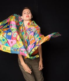 "Hand painted silk scarf-\"Crazy town\". Silk Scarf. Multicolored shawl Hundertwasser style scarves. Luxury scarves and shawls. Birthday gift for her. Long Fashion scarf KA. Woman fashion accessory. Bright summer silk scarf hand painted. Oversized Silk scarf, shawl. Unique handmade gifts/ Birthday gift for her/ ♠ Bold, bright silk scarf painted. Hundertwasser scarf. Long shawl in vivid colors. Bright summer scarves. Architecture lover gift/ Architecture inspired scarf/ ♠ Luxury silk shawl. Shawl Teacher Clothing, Batik Scarf, Green Silk Scarf, Long Shawl, Velvet Scarf, Hand Painted Scarves, Yellow Scarf, Painted Scarf, Silk Scarf Painting