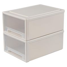 two white plastic storage boxes with lids