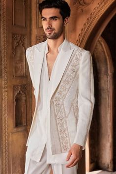 Ivory jacket with cutdana embroidery in geometric pattern. Paired with kurta and pant. - Aza Fashions Geometric Pattern Embroidery, Kaftan Kurta, Kurta Lehenga, Prince Coat, Waistcoat Woman, Kurta Set For Men, Embellished Shirt, Mens Kurta, Vacuum Storage