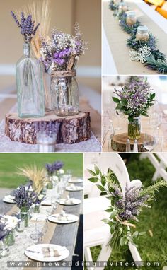 the table is decorated with lavender flowers and greenery