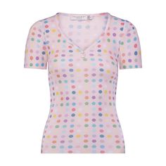 SOHO DOT Print MICHELLE SWEETHEART SS TEE Polka Dot Cotton T-shirt With Short Sleeves, Cotton T-shirt With Polka Dot Pattern And Short Sleeves, Pink Printed V-neck T-shirt, Summer Polka Dot Crew Neck Top, Heart Print Crew Neck Top For Loungewear, Trendy Heart Print Tops For Loungewear, Fitted Pink T-shirt For Loungewear, Cute Multicolor V-neck Top, Fitted Multicolor V-neck T-shirt