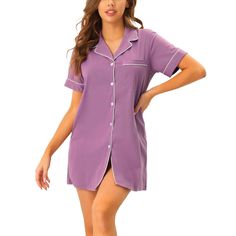 Great for loungewear, nightwear, sleepwear, home bedroom, and daily wear. This loungewear pajama shirt dress for women is constructed of soft fabric, which is comfy, breathable, and skin friendly and makes the pajamas convenient to take on/off and keep you pretty and comfortable all day. Featuring a mini-length shirt dress and a notched lapel design, the pajamas make you feel cozy all night, and enjoy a comfortable sleep and sweet dream. No matter the cozy bedtime, casual home relaxation, laze a Relaxed Fit Sleepwear With Buttons For Loungewear, Relaxed Fit Sleepwear With Buttons, Cotton Sleepwear With Buttons For Pajama Party, Cotton Buttoned Sleepwear For Pajama Party, Casual Buttoned Sleepwear For Loungewear, Cotton Sleepwear With Button Closure, Cotton Button-up Sleepwear, Casual Short Sleeve Nightgown For Pajama Party, Short Sleeve Sleepwear With Buttons