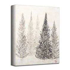 three trees in the snow on a white background canvas wall art print, 18x16