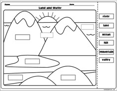 the land and water worksheet is shown in black and white with an image of mountains