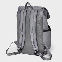 the back view of a grey backpack with straps and two zippers on each side