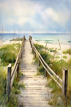 a painting of a boardwalk leading to the beach with grass on both sides and water in the background