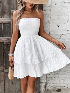 Women's 2024 Sumer Boho Dress Sleeveless Strapless White Dress Strapless Sundress For Summer, Ruffled Strapless Sleeveless Dress For Vacation, Ruffled Sleeveless Strapless Dress For Vacation, Bandeau Ruffle Summer Dress, Strapless Mini Dress For Casual Summer Occasions, Strapless Summer Sundress For Spring, Strapless Sundress For Spring And Summer, Strapless Sundress Mini Dress For Day Out, Casual Strapless Maxi Dress For Summer