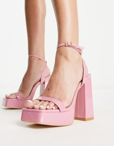 Shoes by Glamorous Dress from the feet up Adjustable ankle strap Open toe Platform sole High block heel Chunky Pink Heels, Heels For Pink Dress, Black Dress Pink Heels, Pink Floral Heels, Highschool Dance, Blush Pink Heels, Pale Pink Heels, Grad Shoes, Pink Chunky Heels