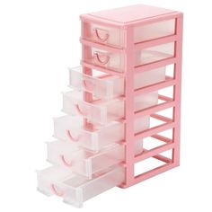 a pink drawer with six drawers and two bins on the bottom one is empty