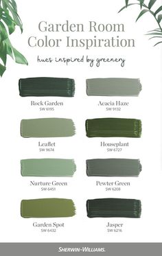 Bring a garden room vibe to your next DIY painting project with this nature-inspired palette from Sherwin-Williams. Tap this pin to shop green paint colors that are sure to bring the spirit of the great outdoors to your great indoors (and beyond). #sherwinwilliams #green #colorinspiration #diy #interiordesign #homedecor #garden #gardenroom Wherein Williams Green Paint Colors, Best Shades Of Green Paint Wall Colors, Rock Garden Sherwin Williams Wall Colors, Green Wall Color Palette, Green Paint Color Schemes, Sherwin Williams Green Palette, Outdoor Green Paint Colors For House, Green Interior Design Palette, Shades Of Green Wall Paint