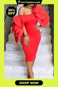 Red Fashion Sexy Solid Patchwork Oblique Collar Evening Dress Moda Afro, Jay Jay, Red Dress Women, Evening Dresses With Sleeves, Elegant Attire, Red Evening Dress, Red Party, Bodycon Dress With Sleeves, Dress Sleeve Styles