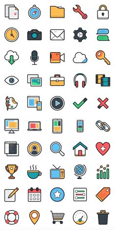 a large collection of different colored and flat icons on a white background, all in one place