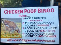 a chicken poop bingo sign posted in front of a store