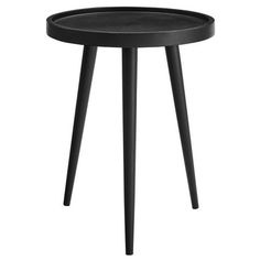 a black side table with wooden legs and a round tray on the top that has an oval