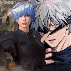 two anime characters one with blue hair and the other with grey hair, both wearing black