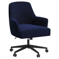 a blue office chair with casteors and wheels on an isolated white background, front view