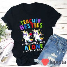 ✔️ TITTLE : Unicorn Teacher Besties T-Shirt, Funny Unicorn Shirt, Teacher Life Shirt, Kindergarten Shirt, Teacher Shirt, Gift For Teacher ✔️ IMPORTANT: Both Men and Women can we our shirts because this is unisex style t-shirts; Wash item inside out in cold water, do not bleach, do not dry clean, do not iron directly on the design. ✔️ MATERIAL DETAILS: 5.3-ounce, 100% cotton (99/1 cotton/poly (Ash) & 90/10 cotton/poly (Sport Grey); Heavyweight classic unisex tee; Taped neck and shoulders; Tearawa Playful Cotton T-shirt With Unicorn Print, Cute Unicorn Print Crew Neck T-shirt, Cute Rainbow Letter Print Tops, Cute Multicolor Unicorn Print T-shirt, Fun Multicolor Tops With Unicorn Print, Casual Multicolor Unicorn Print T-shirt, Fun Multicolor Unicorn Print Tops, Fun Unicorn Print Short Sleeve T-shirt, Fun Short Sleeve T-shirt With Unicorn Print