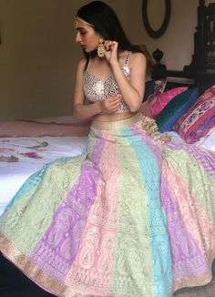 Mirror Embroidered Blouse with Pastel Panel Lehenga Set Avnni Kapur - Fabilicious Fashion ચણીયા ચોલી, Pastel Indian Outfits, Panel Lehenga, Multicolored Lehenga, Chikankari Lehenga, Sangeet Outfit, Mehendi Outfits, Designer Bridal Lehenga, Anita Dongre