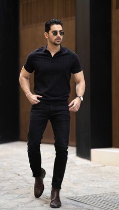 All Black Dressy Casual Outfits Men, All Black Polo Outfit Men, Semi Formal All Black Outfit Men, Men’s All Black Formal Outfit, Men Outfit Formal Casual, Men In All Black Outfits, Black Shirt Grey Pant Formal Outfit Men, Men’s Professional Style, Mens Dress Pants Outfits Business Casual