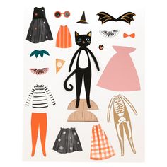 an image of halloween paper dolls with bats and cats on them, all dressed up