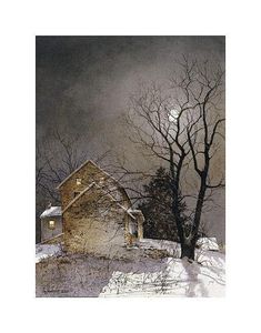 a painting of a house on a snowy hill with trees in the foreground and a full moon behind it