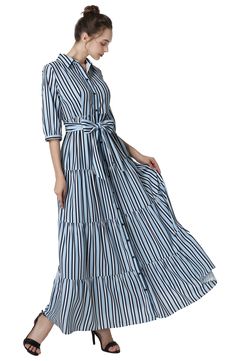 Vertical stripes elongate the figure in this lightweight maternity maxi shirtdress with easy nursing access and a bump-flattering waist tie. The banded cuffs are softly gathered along with each tier in the skirt to give the effortless style some dreamy volume. 56" length Front button closure Spread collar Three-quarter sleeves Waist tie Tiered skirt Unlined 100% polyester Machine wash, tumble dry Imported Blue Belted Maxi Dress, Blue Casual Maxi Length Shirt Dress, Blue Casual Maxi Shirt Dress, Summer Maternity Maxi Dress, Floor-length, Summer Maternity Floor-length Maxi Dress, Summer Maternity Wear Floor-length Maxi Dress, Blue Maxi Length Maternity Dress, Casual Long Belted Maxi Dress, Maternity Maxi Dress With Short Sleeves