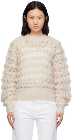 Open knit mohair-blend sweater. Rib knit crewneck, hem, and cuffs. Supplier color: Ecru Beige Open Knit Sweater, Zara Semi Sheer Cream Ribbed Sweater, Luxury Winter Sweater By Miu Miu, Cream Open Knit Sweater, White Textured Sweater, Luxury Miu Miu Women's Sweater, Luxury Miu Miu Winter Sweater, Boble Sweater, Peplum Sweater