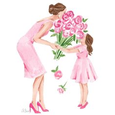 a watercolor painting of a mother and daughter holding pink flowers with the child's hand