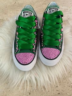 Pink And Green Bling Converse, Bedazzled Things, Greek Board, Carrie Bradshaw Shoes, Bedazzled Converse, Rhinestone Converse, Aka Sorority Gifts, Bling Converse, Aka Sorority