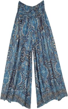 Abstract floral and paisley prints on wide-leg, soft, flowy pants with a smocked waist.  The loose-fit wide-leg printed rayon pants have a comfortable waist that will fit a small to a large. #tlb #SplitSkirtsPants #beachwrap #Printed #bohemianfashion #70spants #paisleypalazzopants #hippieclothingbohochicpants Casual Boho Print Wide Leg Harem Pants, Casual Wide Leg Boho Print Harem Pants, Summer Beach Pants With Paisley Print, Paisley Print Long Pants For Vacation, Flowy Casual Bottoms With Boho Print, Bohemian Beach Pants With Paisley Print, Bohemian Paisley Print Pants For Vacation, Paisley Print Vacation Bottoms, Bohemian Paisley Print Vacation Pants