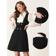 This casual dress is made up of several design points: v-neck, A-line, and sleeveless. Comfortable and fashionable. Designed with pockets, it is convenient to wear in daily life. Suit for spring/autumn and many occasions, such as office, work, business, meetings, go out and cocktail parties. Easy to clean: machine washable. Chic V-neck Sleeveless Dress With Pockets, Black Suspender Dress For Fall, Black Sleeveless Pinafore Dress For Spring, A-line Mini Dress With Pockets For Work, Fall Sleeveless Pinafore Dress For Workwear, Pinafore Dress With Buttons For Workwear, Spring Workwear Pinafore Dress With Buttons, Fitted Sleeveless Pinafore Dress With Pockets, Elegant Sleeveless A-line Dress With Pockets