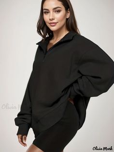 Olivia Mark - Plus Size Casual Sweatshirt, Women's Plus Solid Zipper Long Sleeve High Neck Sweatshirt Long Sleeve Sweatshirt With Zipper For Loungewear, Zipper Closure Long Sleeve Sweatshirt For Loungewear, Relaxed Fit Long Sleeve Sweatshirt With Zipper, Sporty Long Sleeve Tops With Zipper Closure, Oversized Half-zip Top With Zipper Closure, Fleece Crew Neck Top With Zipper Closure, Fleece Tops With Zipper Closure For Loungewear, Half-zip Fleece Top With Zipper Closure, Fleece Half-zip Top With Zipper Closure