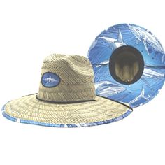 Material: 100% Rush Straw Brim Size: 4.5" Upf 50+: Yes Feature: Under Brim Printed Trim & Chin Cord Size: Medium (22 1/4" - 22 5/8") / Large (23" - 23 1/2") Blue Straw Hat With Curved Brim For Outdoor, Blue Short Brim Straw Hat For Outdoor, Blue Curved Brim Straw Hat For Outdoor, Blue Flat Bill Hat For Beach, Blue Flat Bill Beach Hat, Blue Curved Brim Fishing Hat, White Sun Hat With Flat Bill For Beach, Summer Fishing Hat, White Flat Bill Sun Hat For Beach