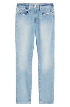 Faded and whiskered stretch denim gives a broken-in finish to casual-cool jeans cut slim through the hips for a modern profile. 32" inseam; 12" leg opening; 9" front rise; 13 1/2" back rise (size 29) Zip fly with button closure Five-pocket style 96% cotton, 3% elasterell-p, 1% elastane. Machine wash, tumble dry Imported Men's Clothing Mens Frames, Frame Denim, Slim Jeans, Mens Denim, Blue Cream, Slim Fit Jeans, Fit Jeans, Stretch Denim, Men's Clothing