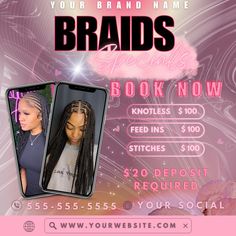 Customizable Braids Flyer on Etsy 🌟✨ Boost your braids business with our vibrant, fully customizable Braids Flyer, available on Etsy! This eye-catching flyer is perfect for promoting your unique braid styles, special offers, and events. Designed with flair and creativity, it ensures your brand stands out and attracts potential customers. Add your own images, colors, and text to make it truly yours! 🎉 Highlights: - Easy to customize with your brand's colors and style - Perfect for showcasing di Hair Specials Flyer, Hair Sales Flyer Design, Hair Flyers Ideas, Braid Special Flyer, Braids Business, Braiding Business, Hair Salon Price List, Different Braid Styles