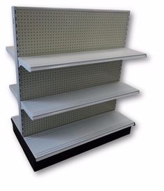 an empty shelf is shown with three shelves on each side and one in the middle