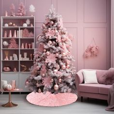 a pink christmas tree in a living room