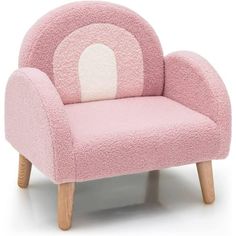 a small pink chair with a white circle on the back and legs, sitting in front of a white background