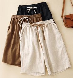 Women's 2024 Casual Solid Short Pants Cotton Linen Elastic Waist Pants Stretch Shorts With Pockets For Fall, Fall Short Length Solid Color Bottoms, Stretch Capris With Pockets For Summer, Summer Stretch Capris With Pockets, High Waist Capris With Elastic Waistband For Summer, Non-stretch Wide Leg Shorts With Pockets, High-waisted Summer Capris With Pockets, High-waisted Capris With Pockets For Summer, Fall Short Pants With Pockets