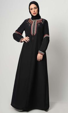 Geometric Embroidered Abaya-Black Bridal Abaya, Stylish Abaya, Desi Clothing, Islamic Clothes, Abaya Black, Floral Veil, Black Abaya, Kaftan Style, Abaya Dress