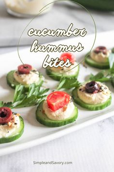 cucumber and hummus bites on a white plate with the title overlay