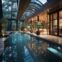 an indoor swimming pool with glass walls and ceiling lights in the center, surrounded by greenery