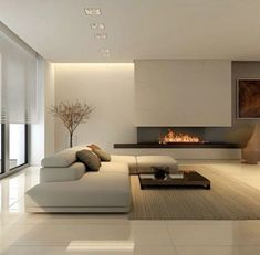 modern living room with white furniture and fireplace