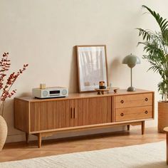 a living room with a wooden cabinet and plants